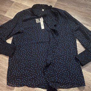 Tahari NEW NWT Size Large Women's Navy Polka Dot Blouse